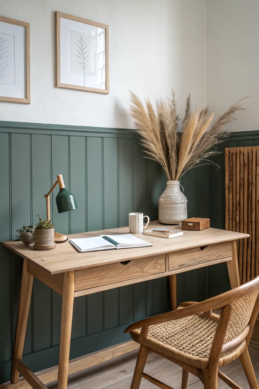 Two-tone wainscoting behind a clean oak desk creates a calm, tailored home office mood