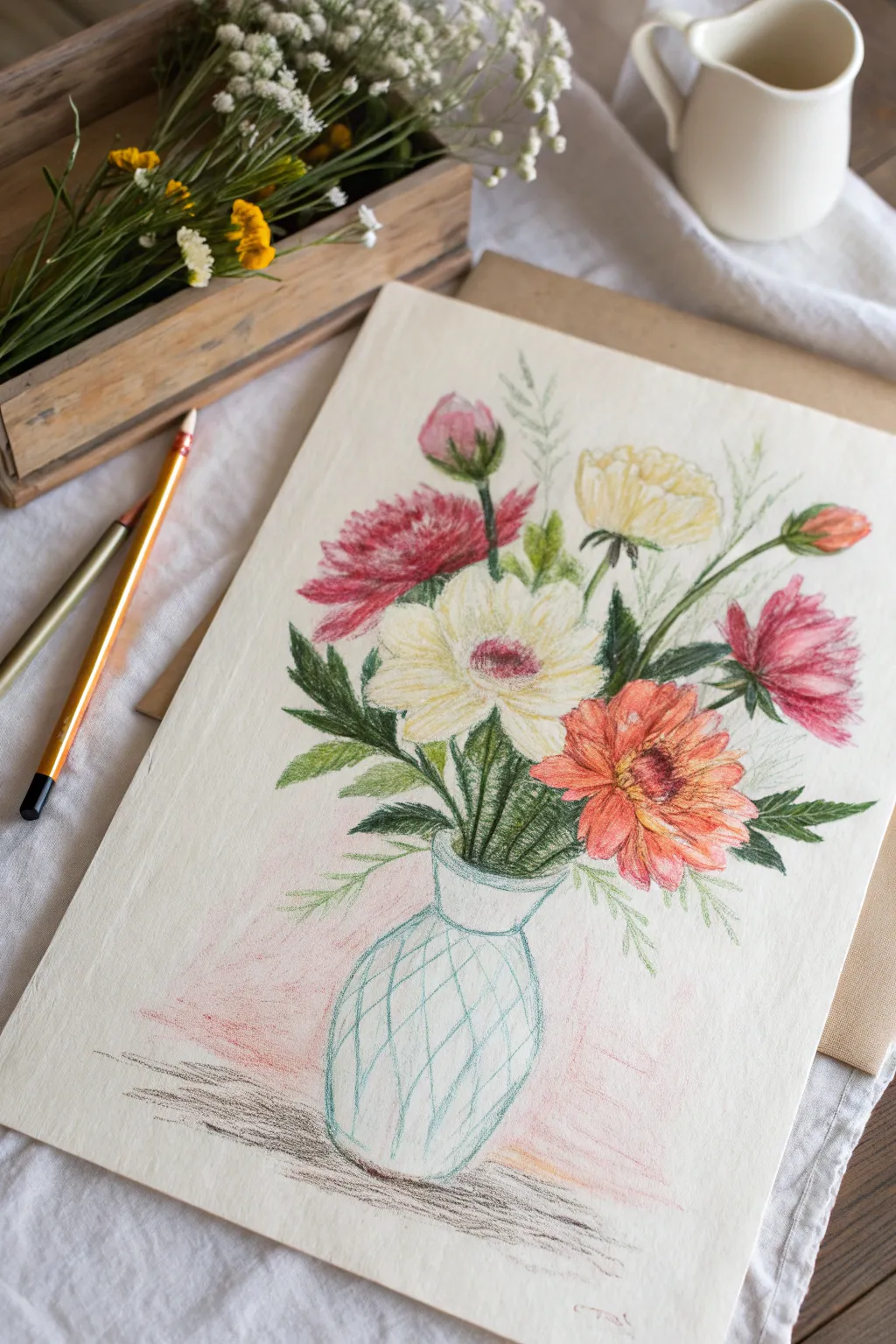 Loose, creamy oil pastel flowers in a simple vase with bold contrast and sketchy lines.