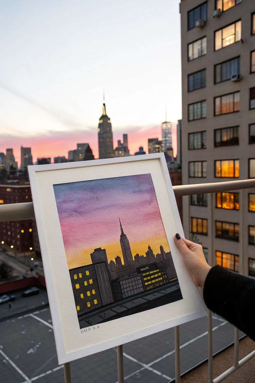 Minimalist oil pastel skyline at dusk with glowing windows, perfect for calm Scandinavian vibes.