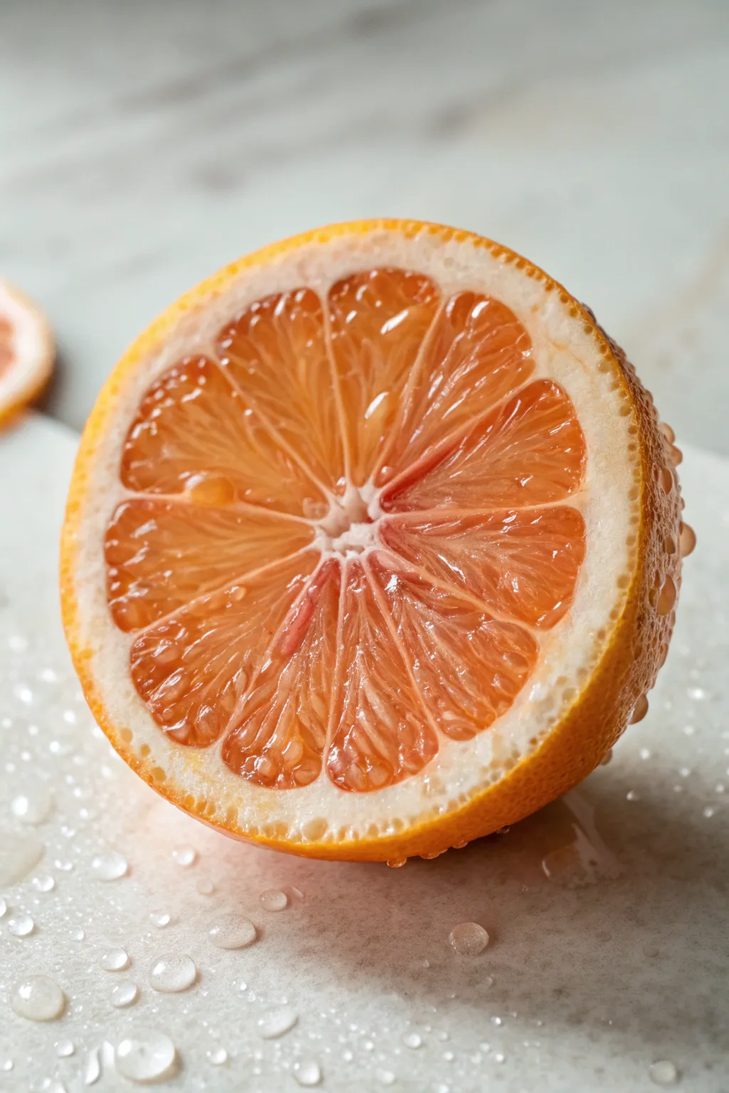 A bold, juicy citrus slice close-up with punchy contrast and clean minimalist styling
