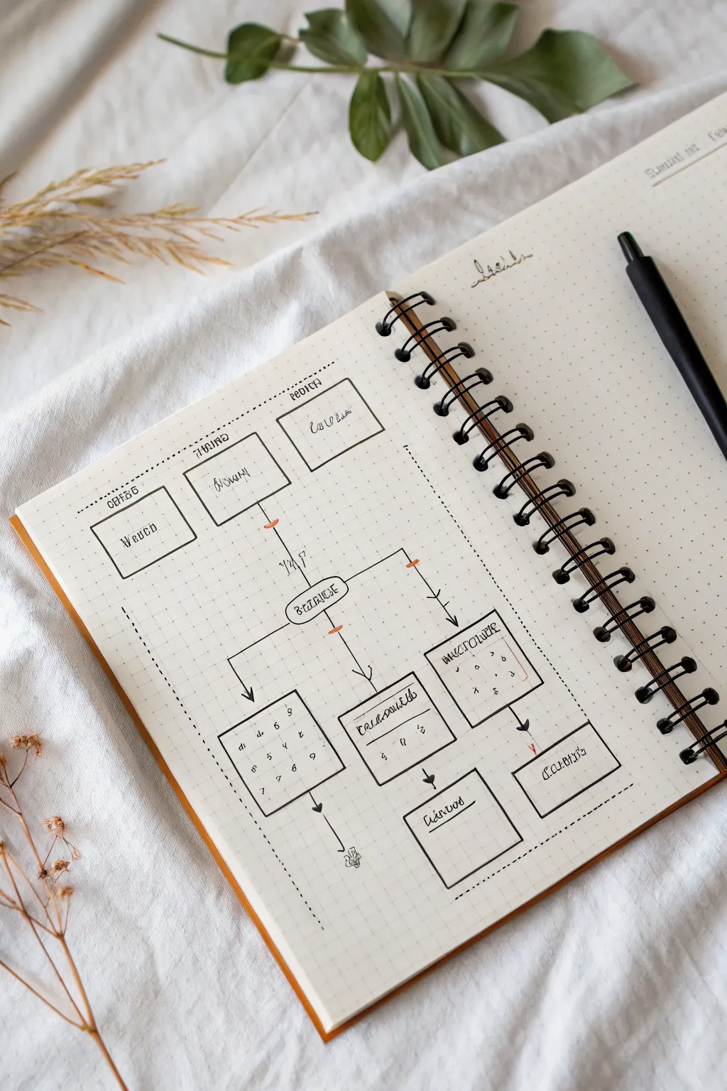 One-page cause-and-effect flowchart boxes with tiny sketches for elegant minimalist drawing practice.