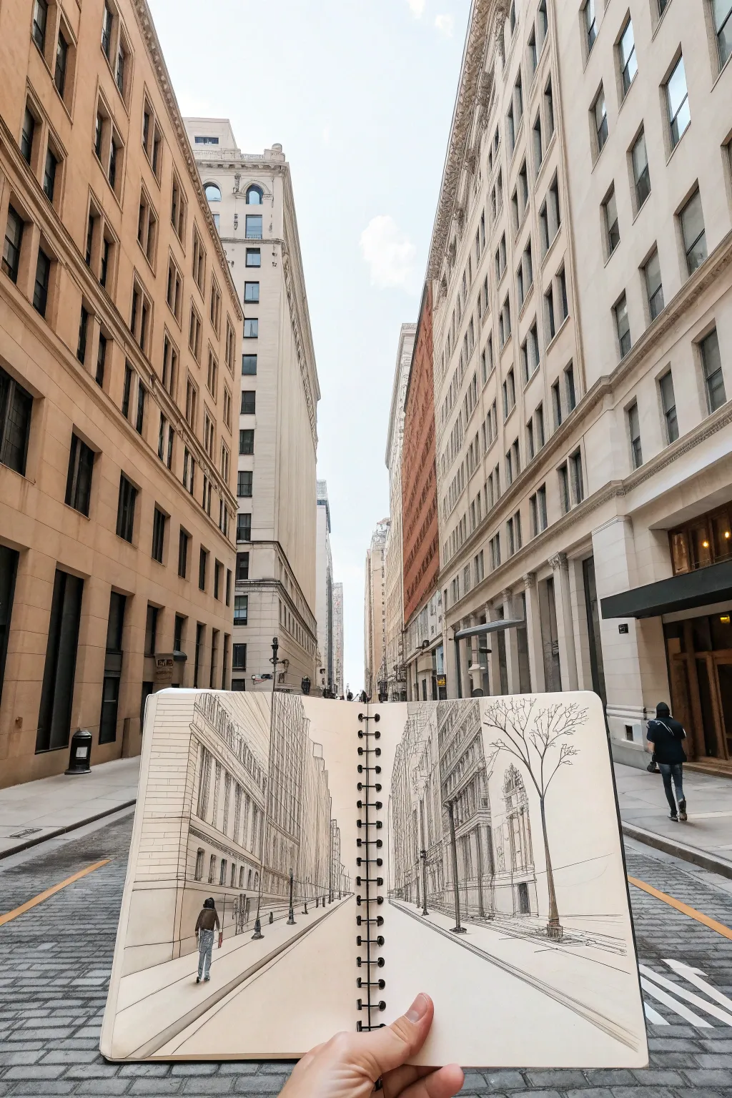 One point perspective urban canyon drawing with repeating windows converging to a crisp vanishing point