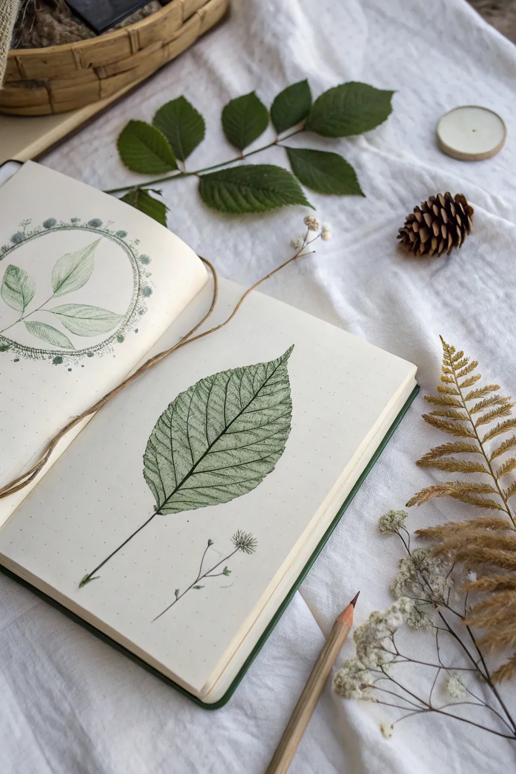 Botanical sketch with a secret world inside one leaf, minimal, calm, and quietly magical