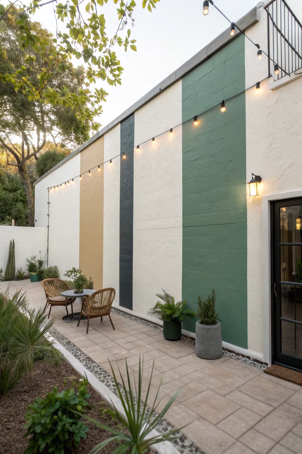 Simple color-block patio mural with crisp edges for a modern, calming outdoor backdrop