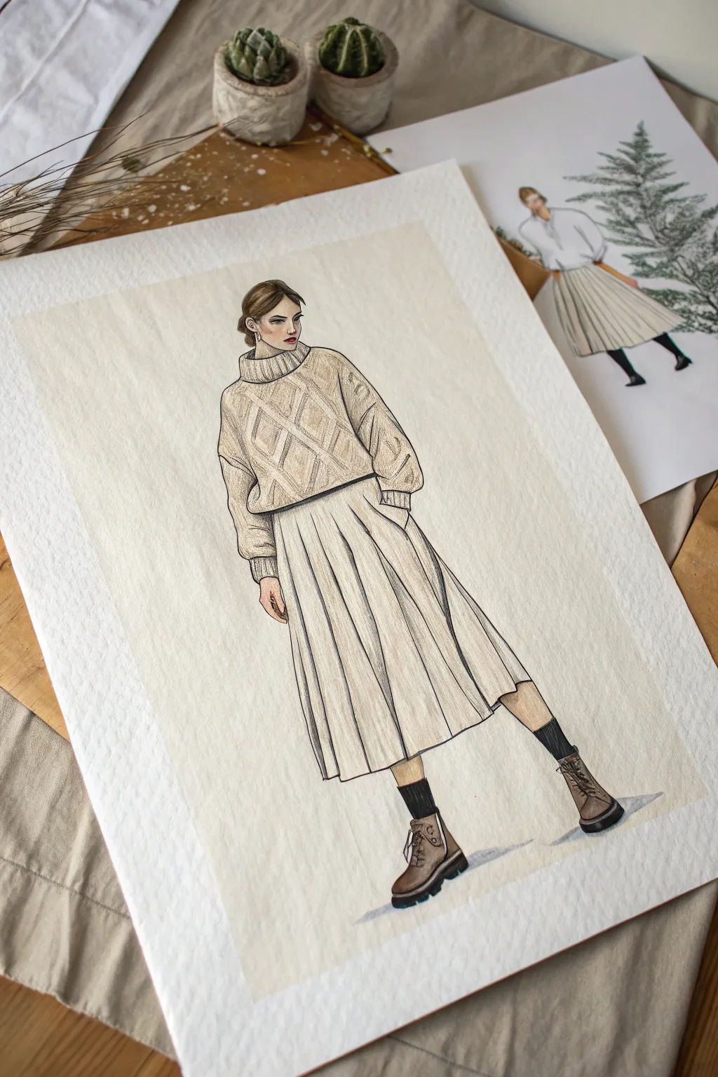 Sweater and pleated skirt fashion sketch with crisp knit texture, soft boho tones, clean contrast.