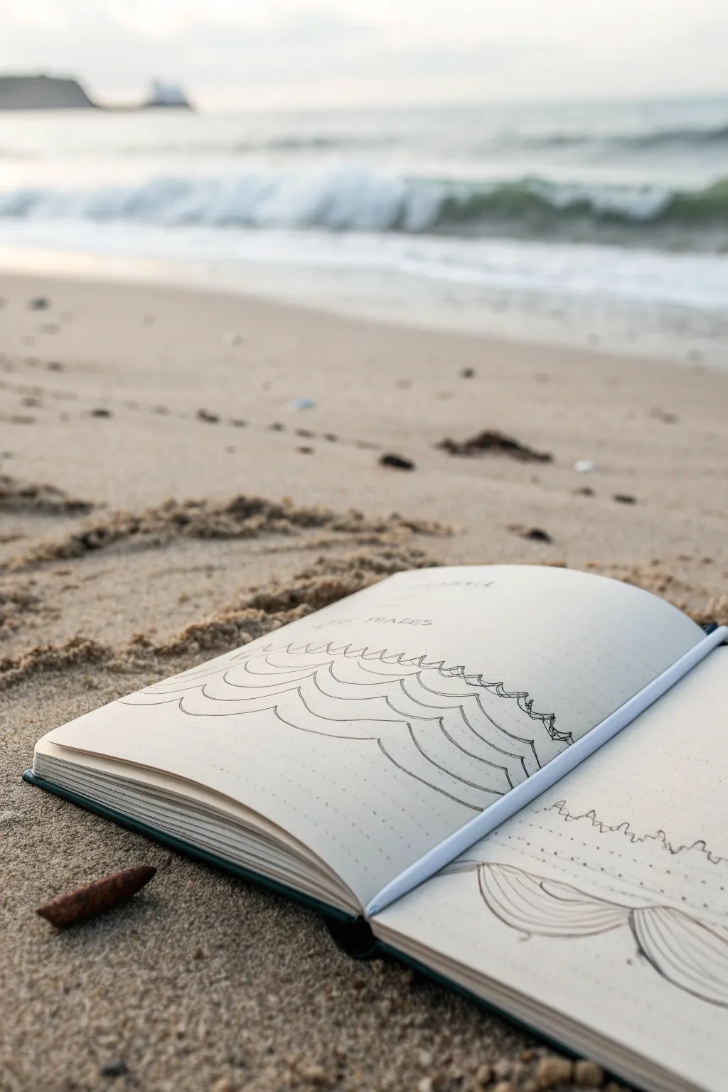 Sketch beach waves with repeating lines and foam patterns, inspired by a windy shoreline.