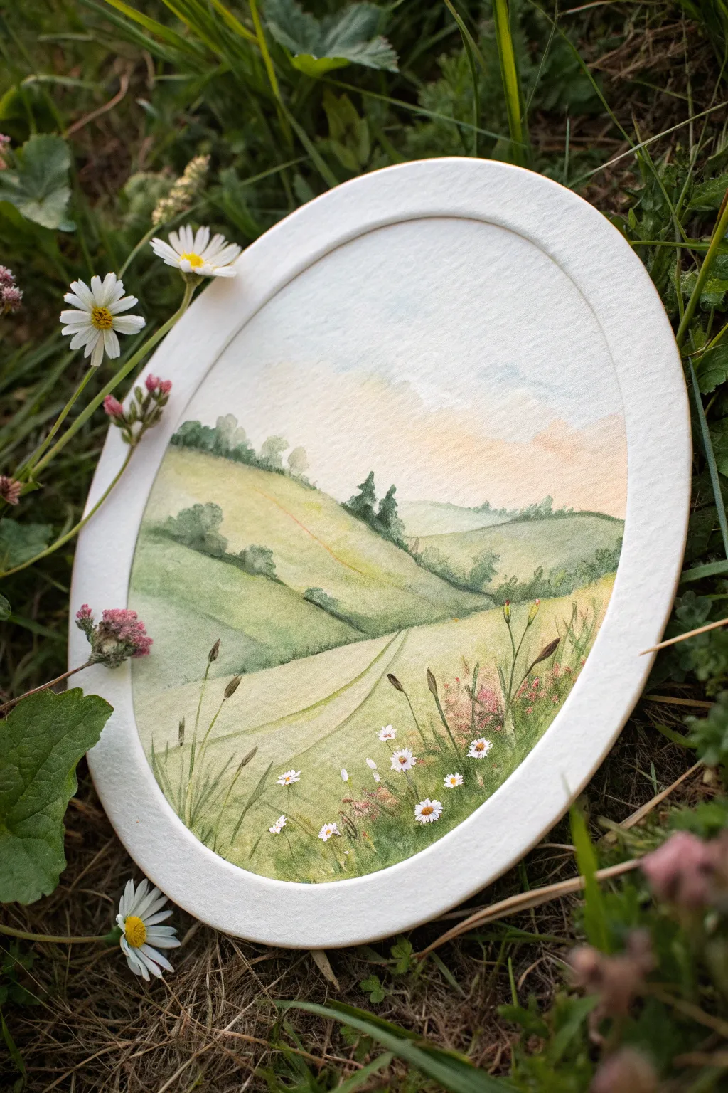 Oval mini meadow painting with a curved hill line and tiny wildflowers fading to the edges