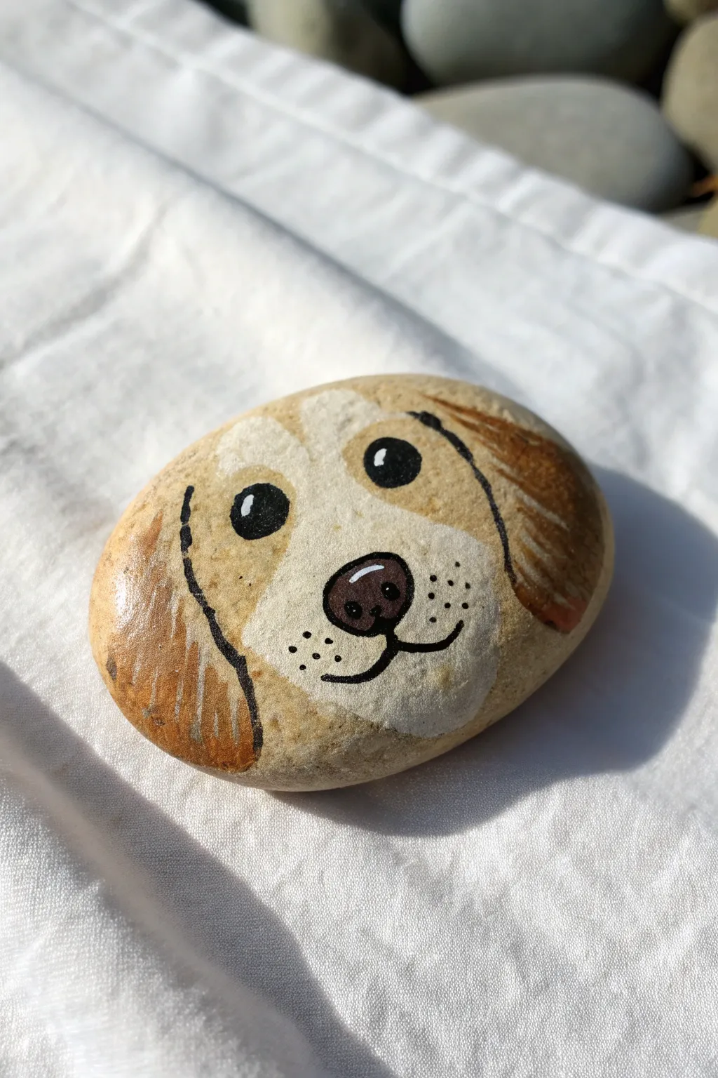 Simple oval rock dog face in soft neutrals, with blurred palette variations for inspiration