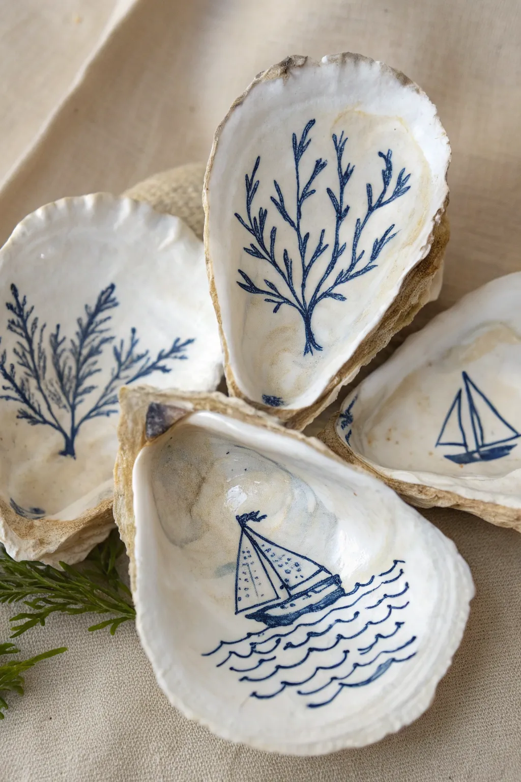 Minimal coastal icons painted inside oyster shells for clean, modern seaside art inspiration