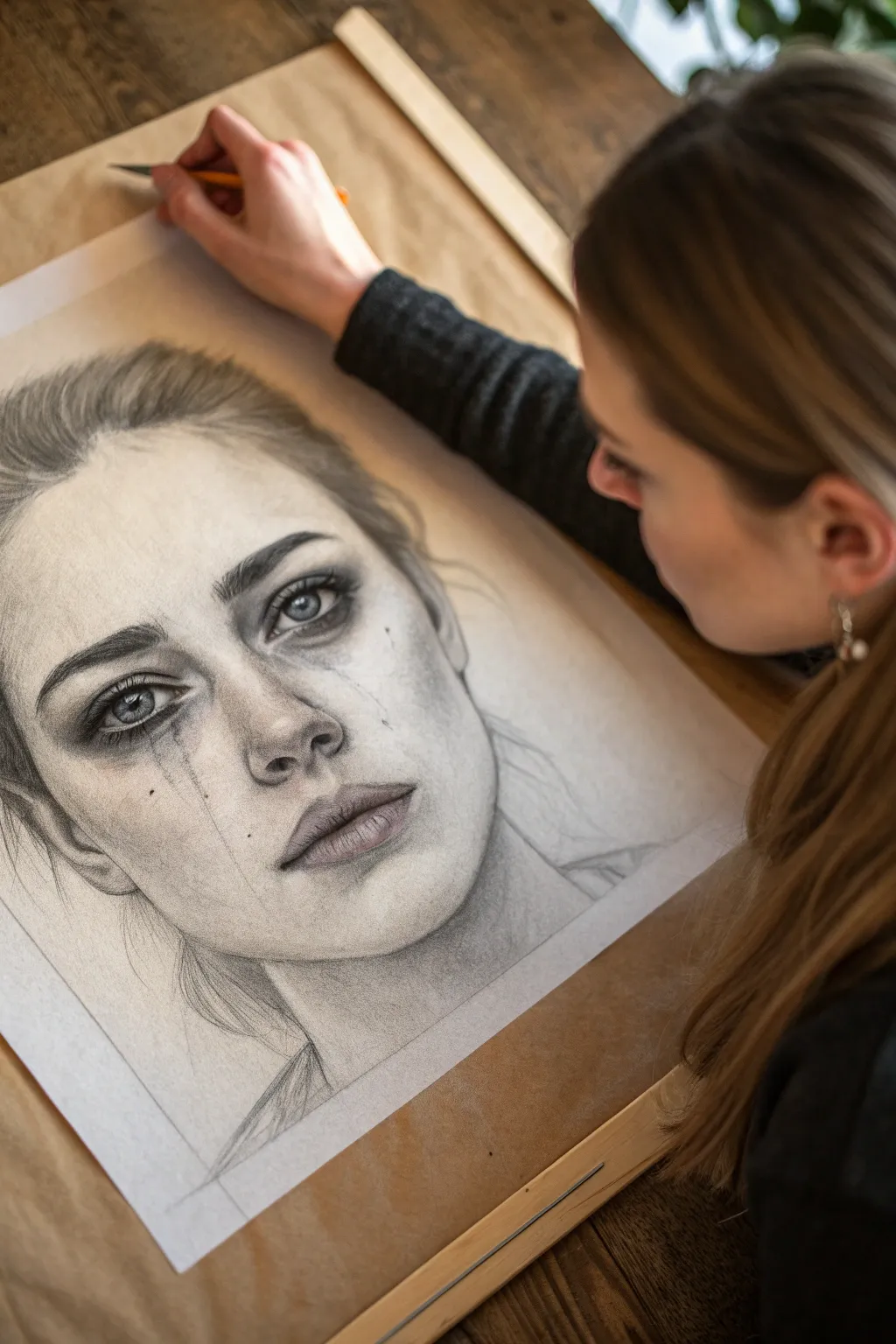 A smiling mask slips away to reveal weary eyes, a powerful idea for expressive pain drawings.