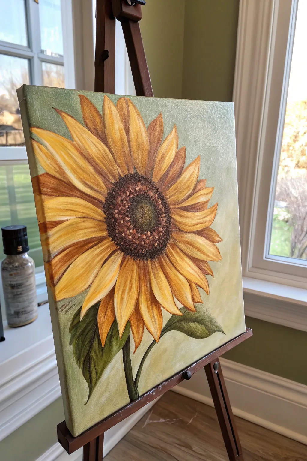 Big bold sunflower close-up with chunky petals and a simple wash background, perfect for paint and sip.