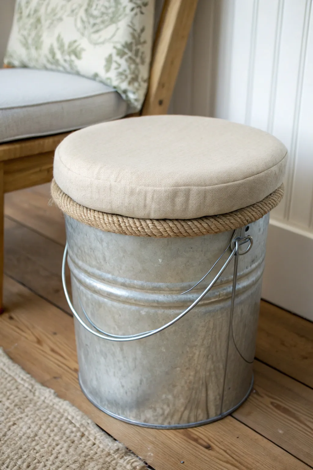 Paint bucket stool with a padded linen seat, minimalist Scandinavian look with a creative studio feel.