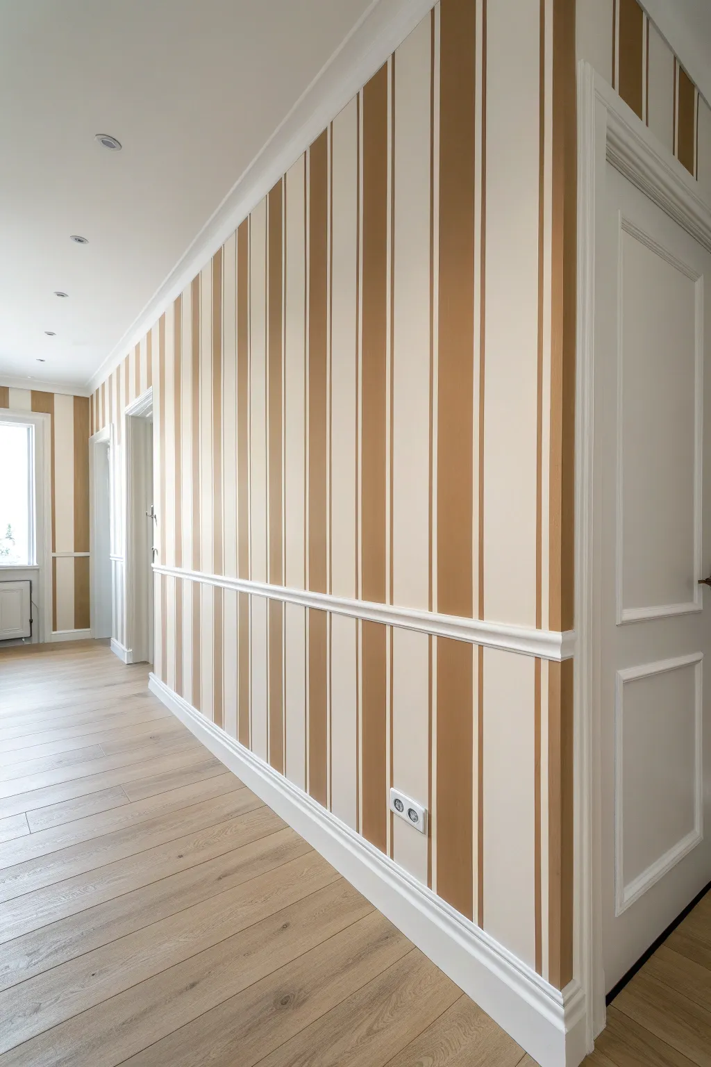 Wide vertical stripes in warm neutrals make ceilings feel taller with minimalist Scandi calm.