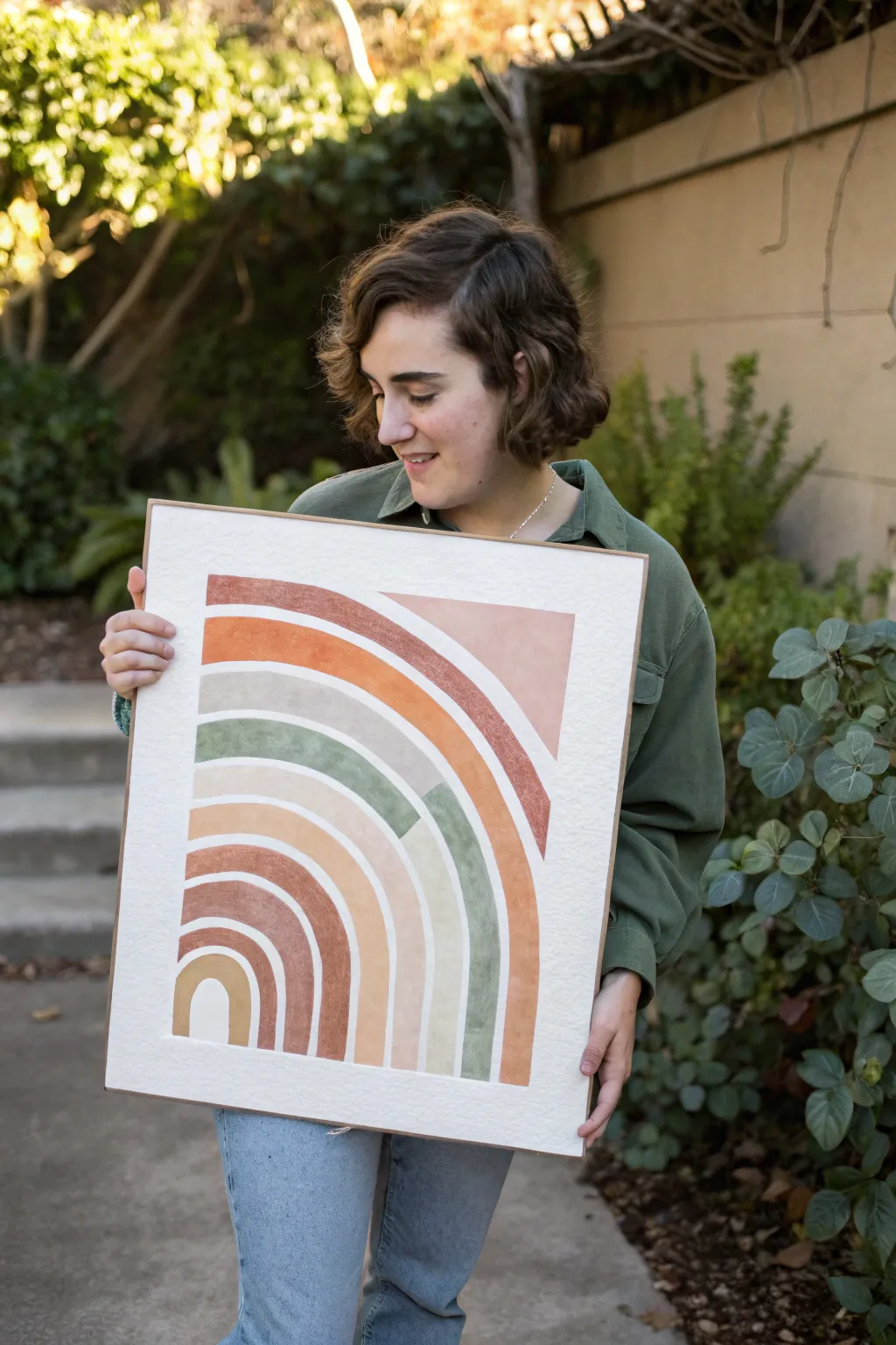 Minimal color-blocked arches in matte marker strokes, crisp edges and soft boho tones