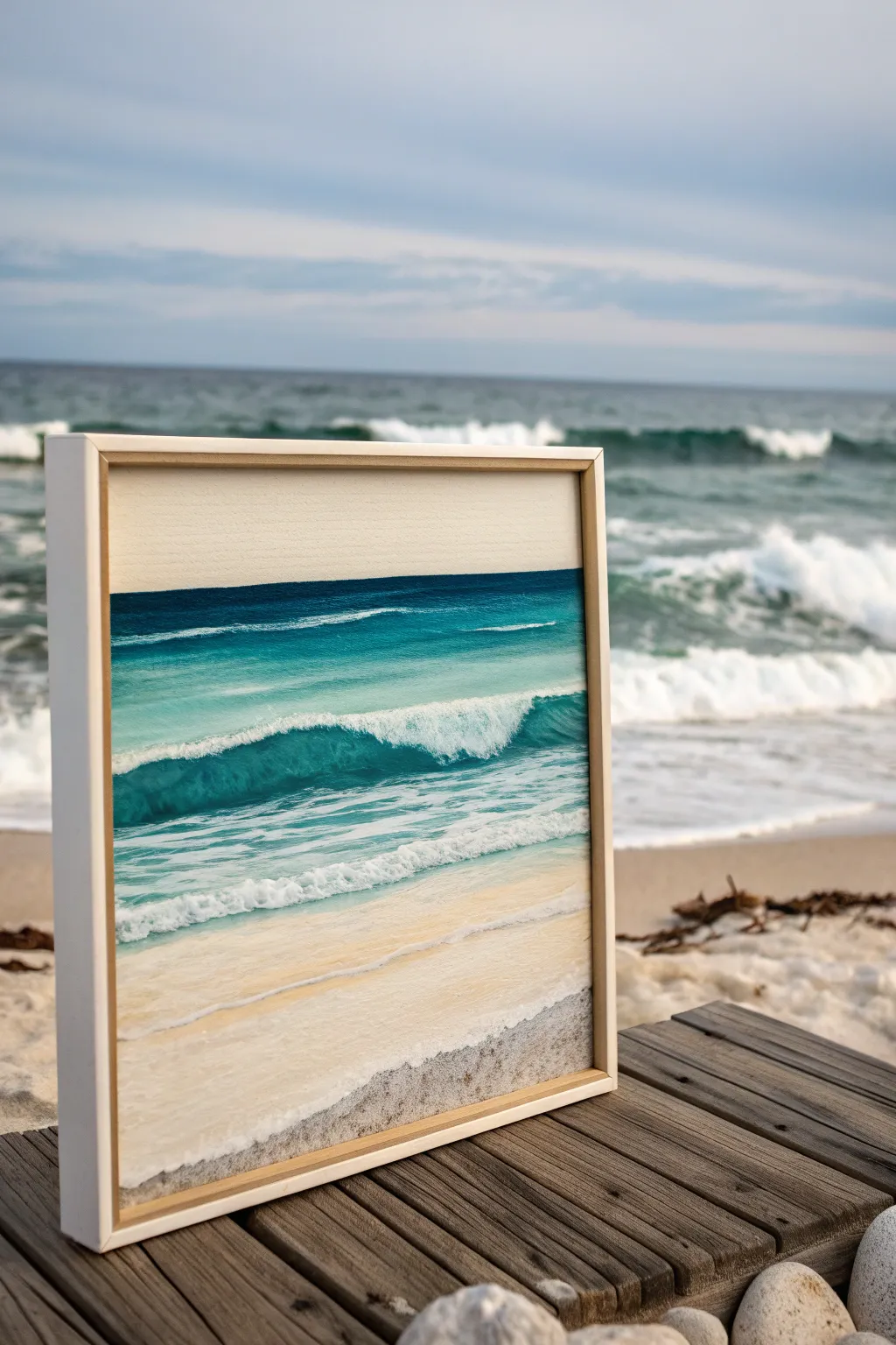 Breezy beach horizon and foamy waves, a calming minimalist paint night idea to recreate.