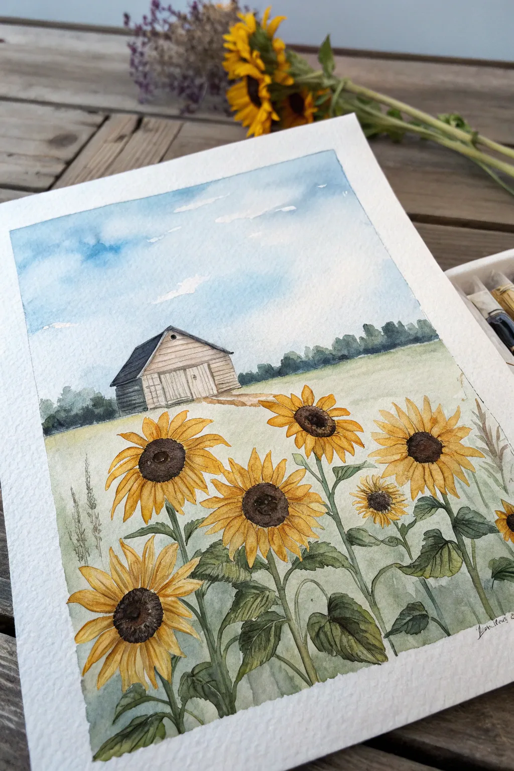 Sunny sunflower field painting with a minimalist rustic barn, perfect for a paint party