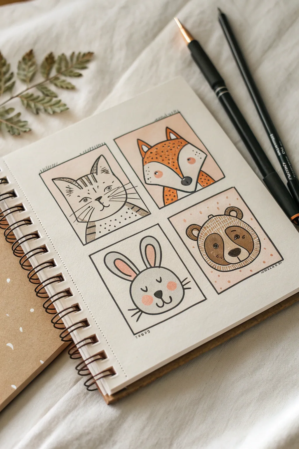 Mini animal faces in rounded squares, bold paint-pen outlines and soft boho shading.