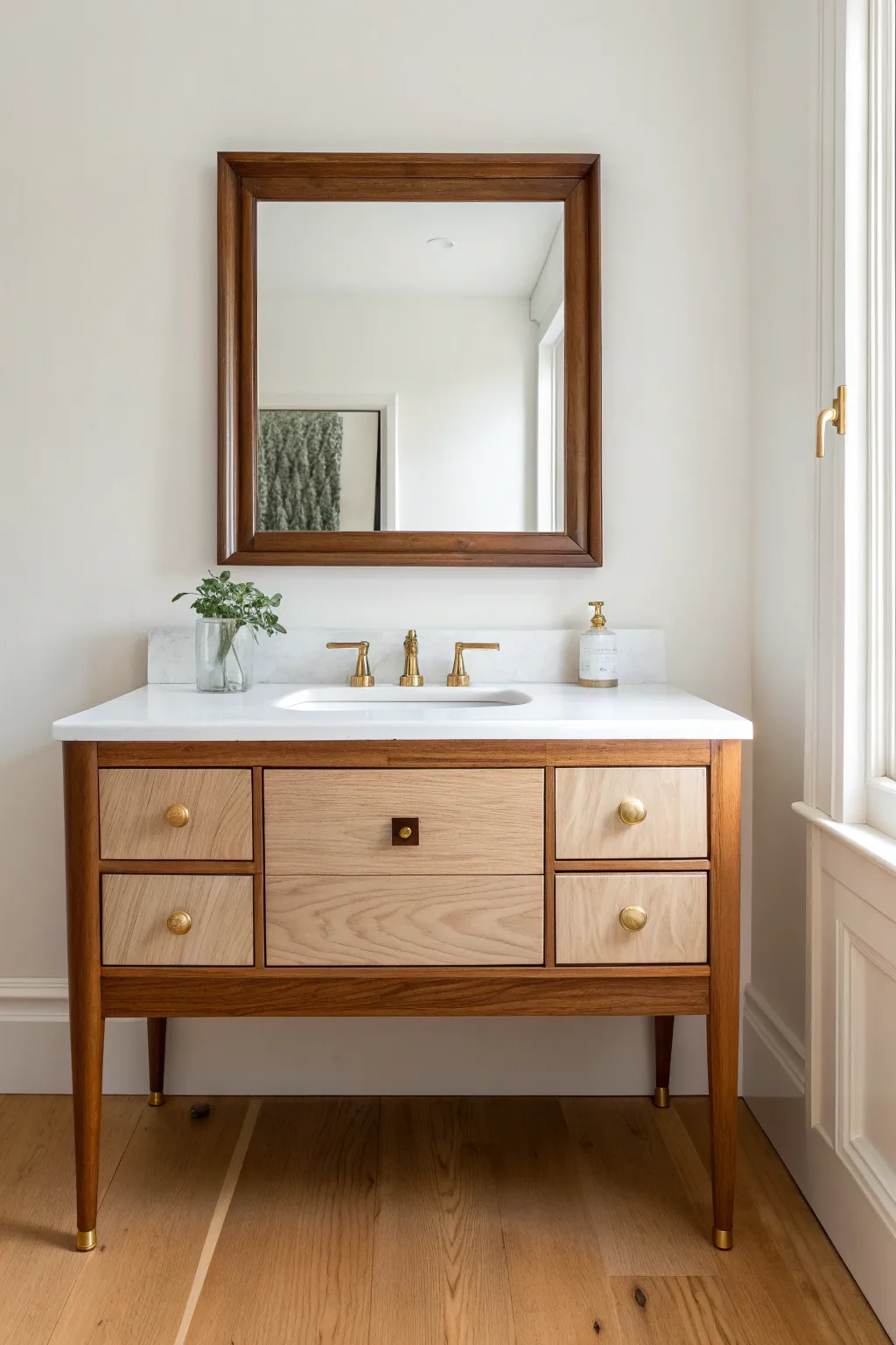 Two-tone antique vanity: soft painted frame with warm wood drawers for vintage Scandinavian charm