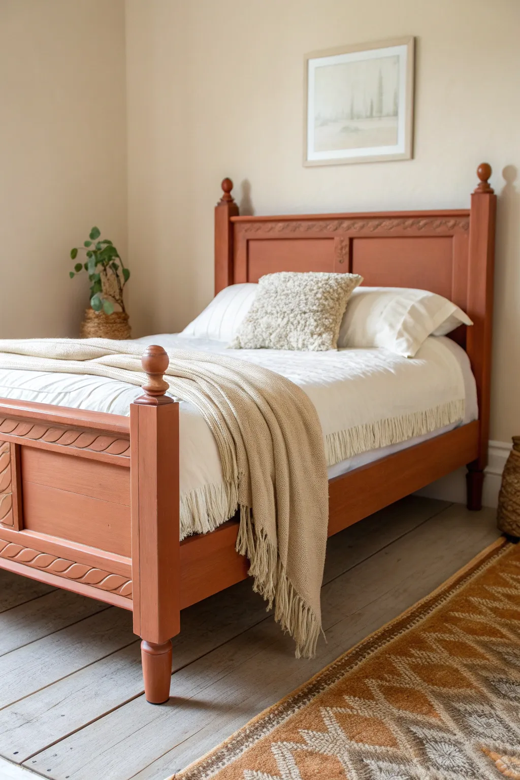 Warm terracotta bed frame with off-white linens and woven textures for an earthy, cozy studio mood
