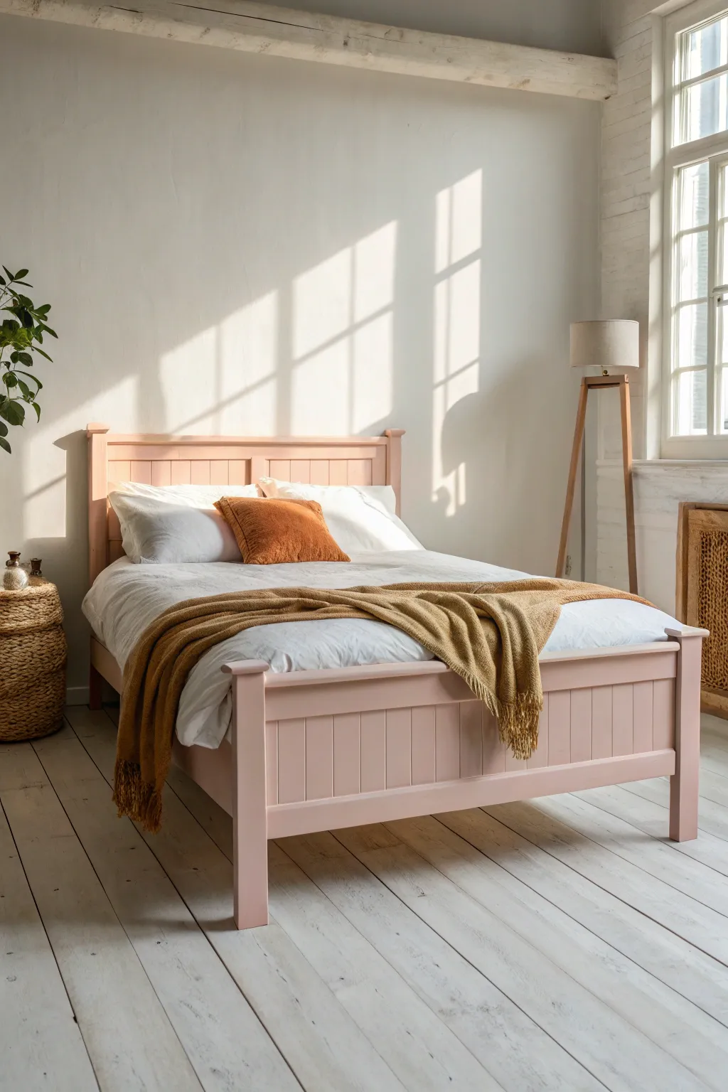 Blush pink painted bed with warm white linens and terracotta accents for cozy minimal boho