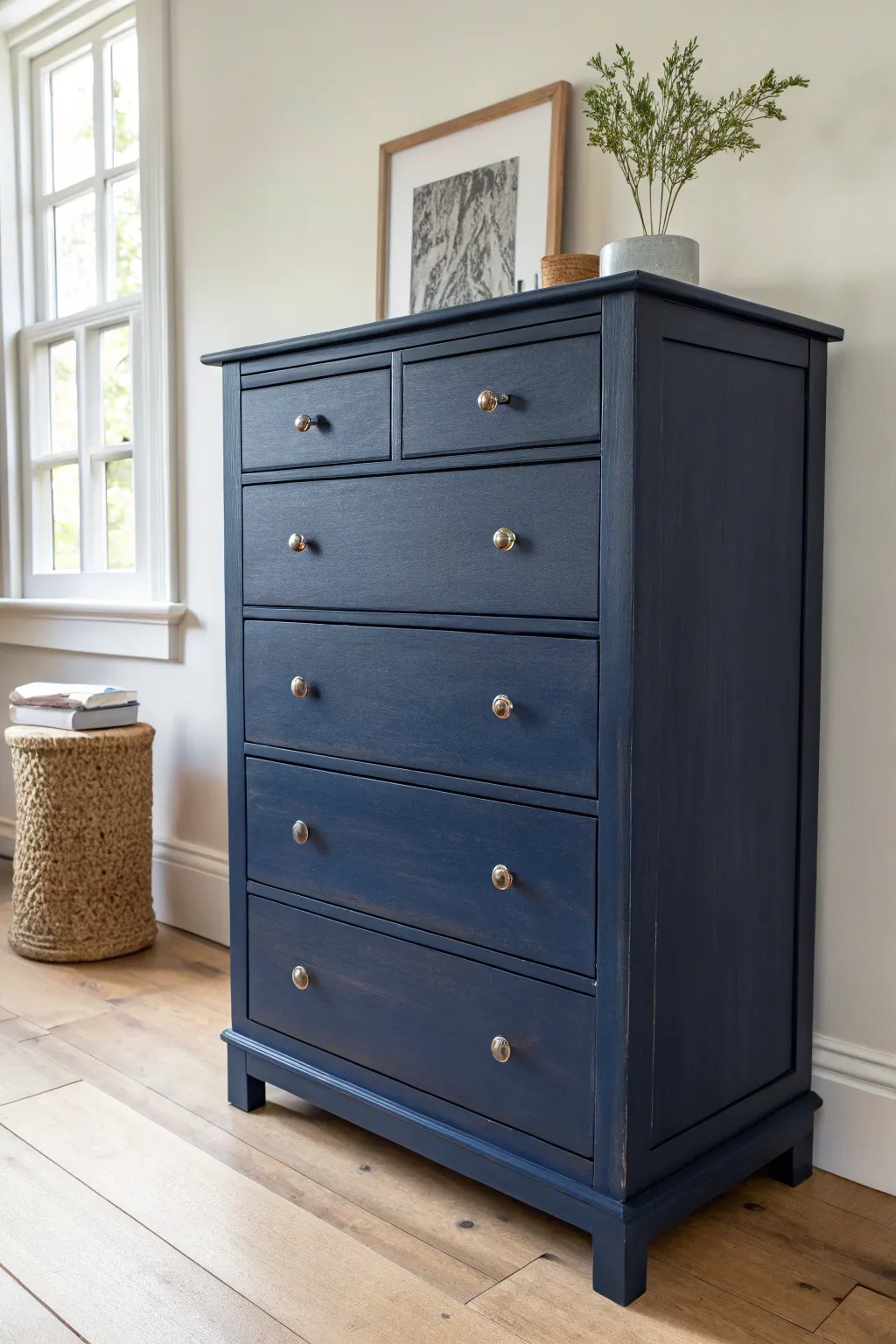 Deep navy painted dresser centered in a calm bedroom corner, minimalist styling, big impact.