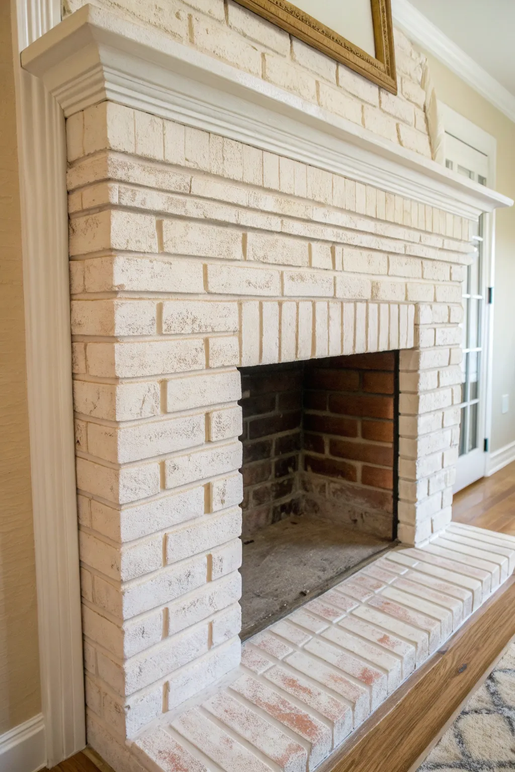 Sheer whitewash reveals the brick texture, creating an airy Scandinavian fireplace moment.