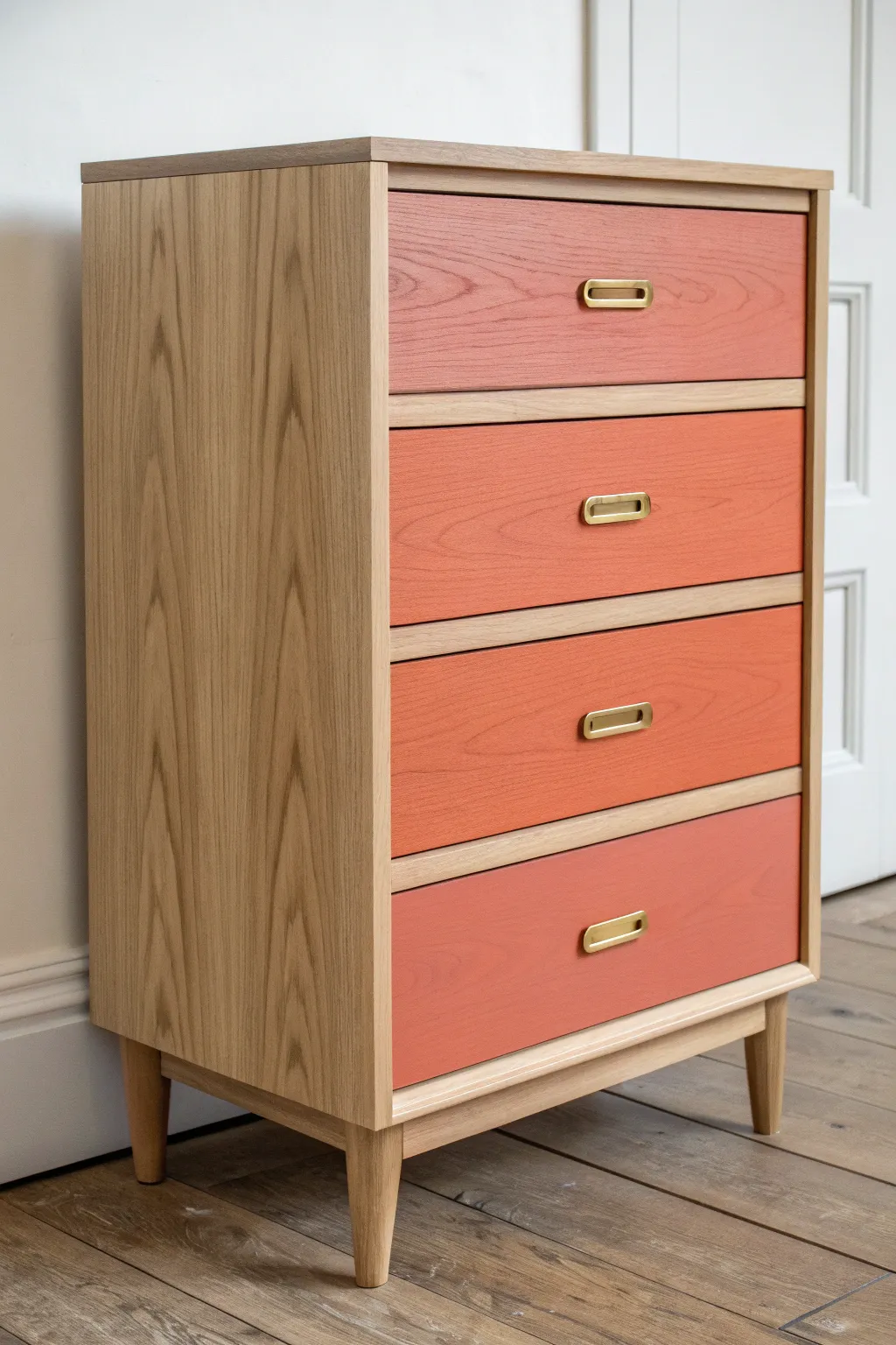Neutral wood chest with bold painted drawer fronts for an instant modern boho refresh.