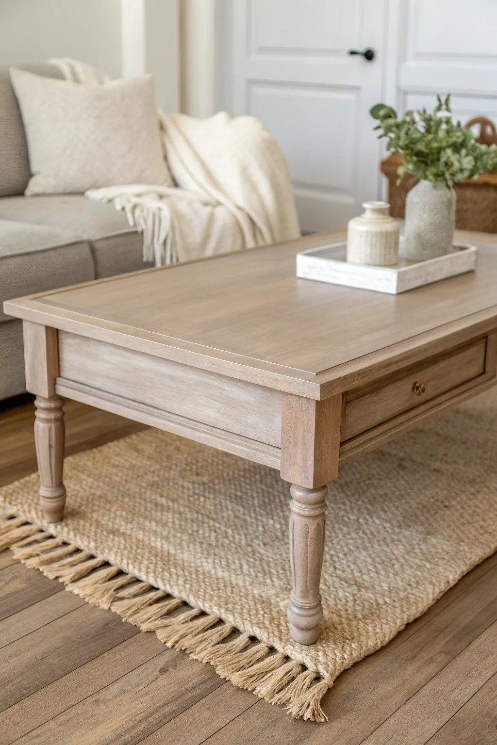 Warm greige coffee table styling with creamy linens, natural fibers, and a simple neutral vignette.