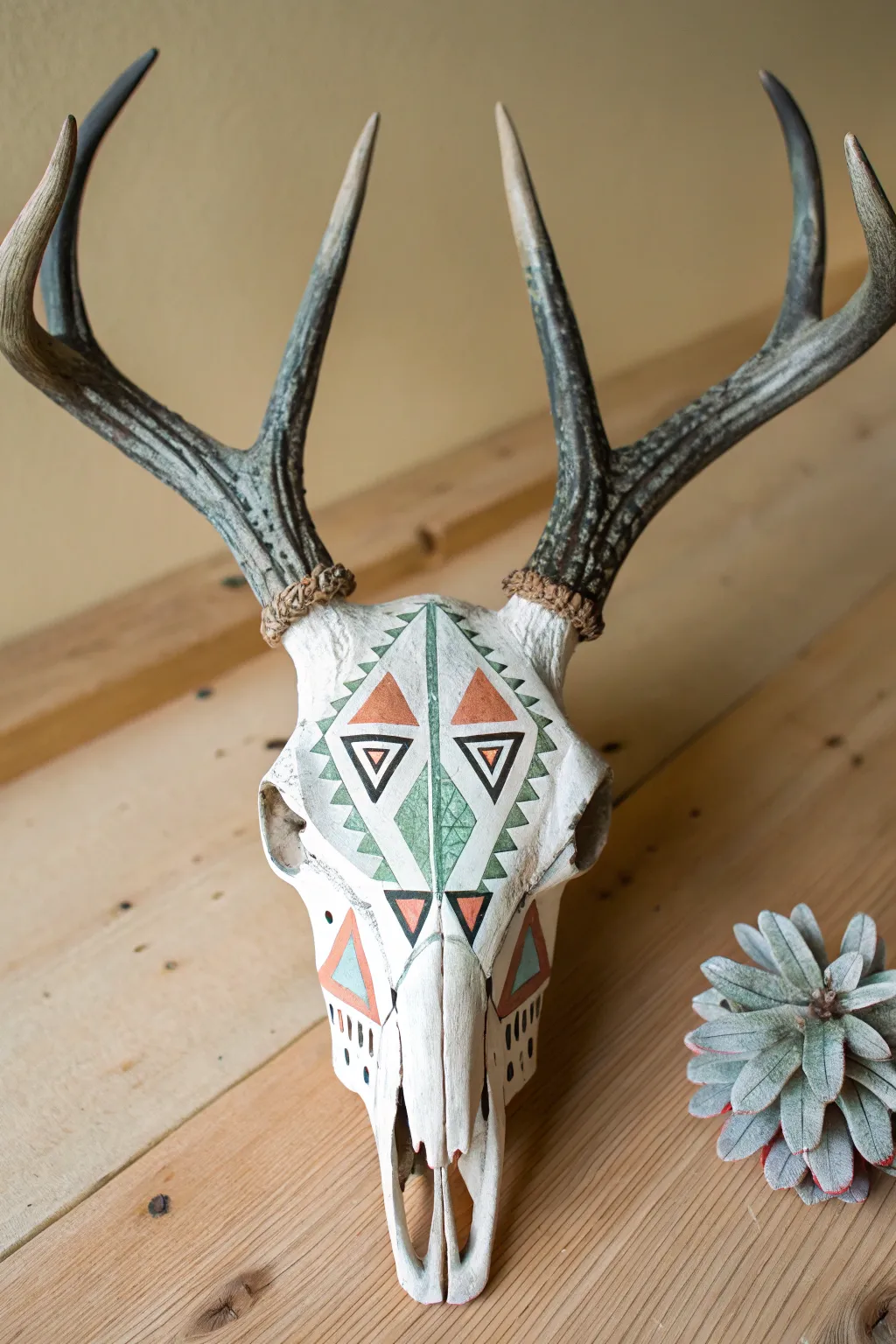 Centered deer skull with perfectly symmetrical geometric paint in minimalist Scandinavian style
