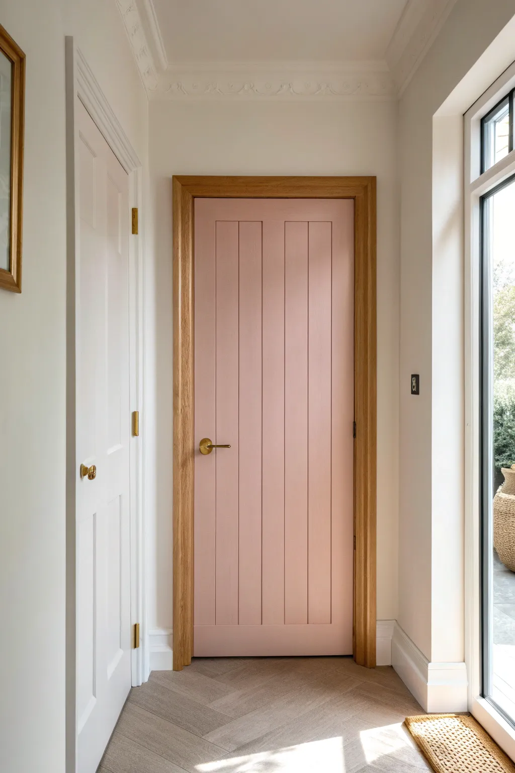 Barely-there blush door with warm wood accents and creamy walls for soft minimalist charm