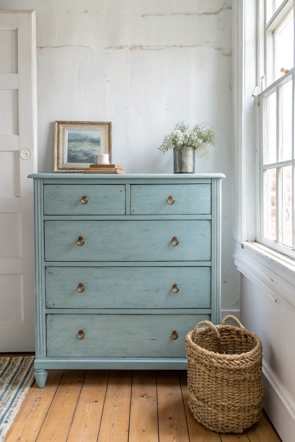 Soft pastel cottage dresser in a Scandinavian boho corner for calm painted furniture inspiration