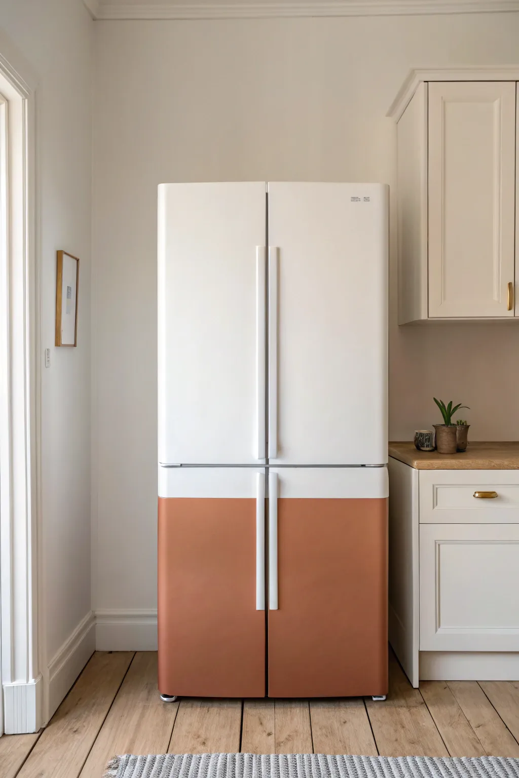 Two-tone fridge paint: airy top, earthy bottom, crisp tape line for a clean Scandinavian vibe.