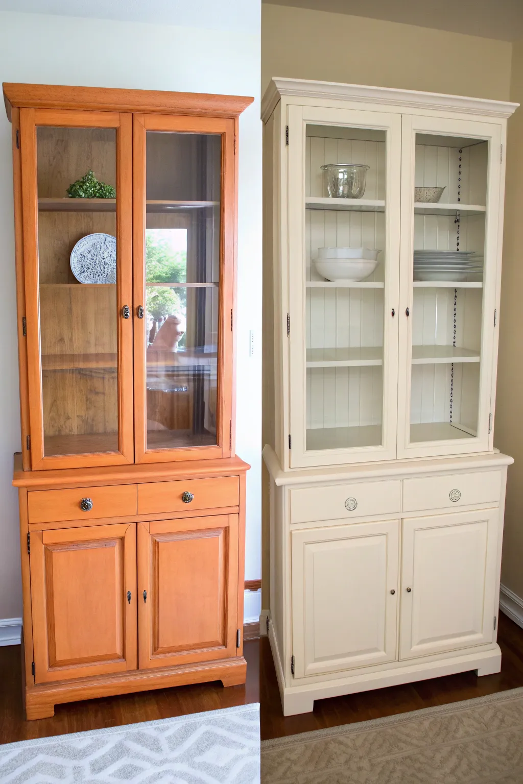 China cabinet makeover: from orange and heavy to airy, soft neutral, and simply styled