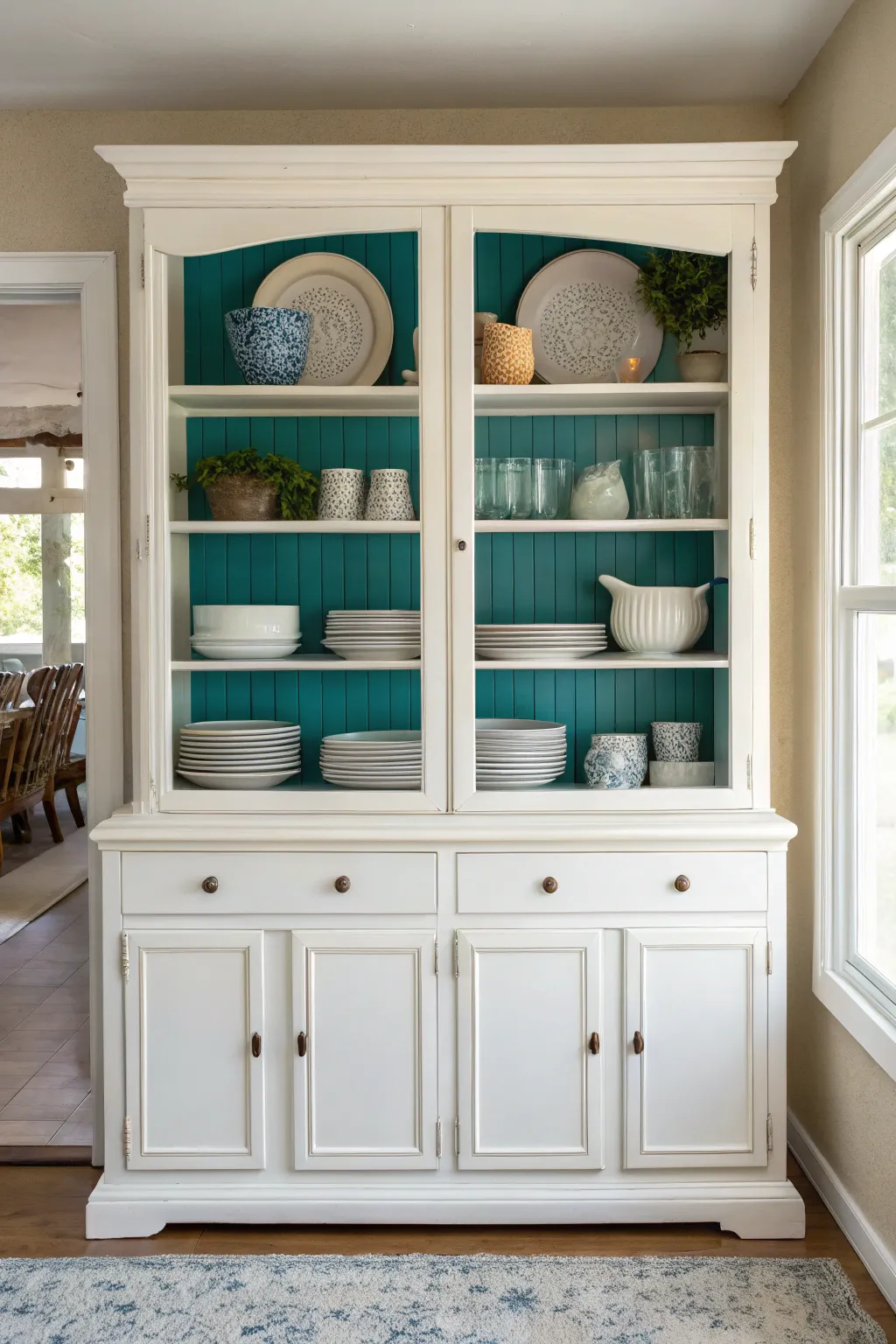 A pop of teal adds a stunning surprise to this crisp white hutch. The perfect Scandi-boho DIY update.