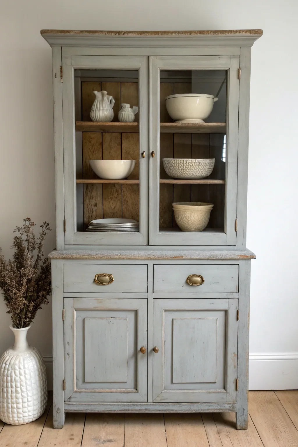 Distressed gray hutch with softly worn edges and antique ceramics in airy minimalist styling