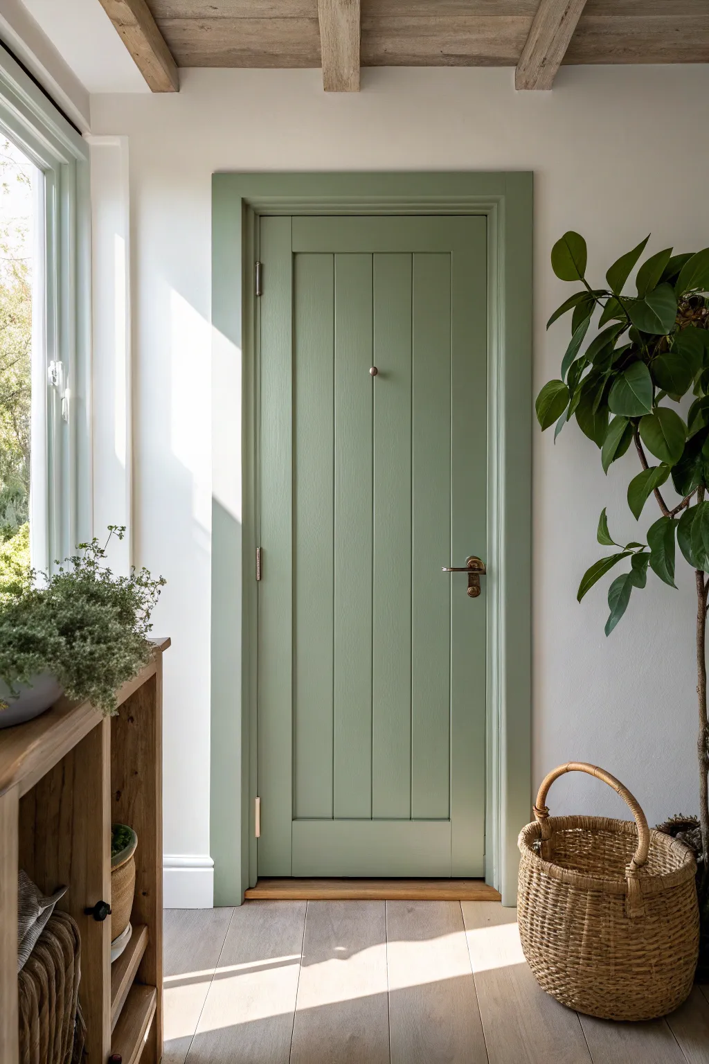 Sage green interior door against light walls for fresh, grounded nature vibes in your entryway
