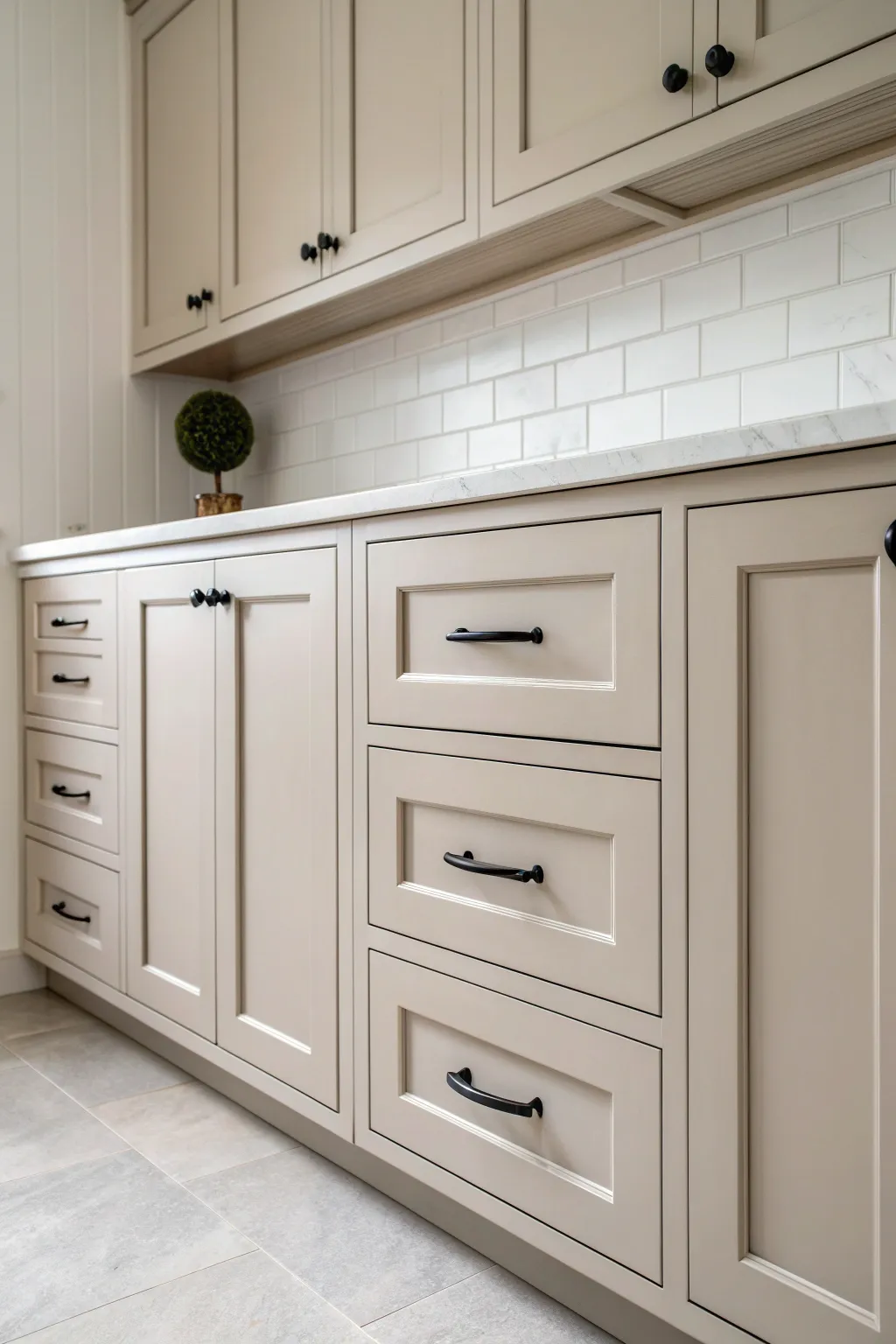 Warm greige cabinets that read like not-white, paired with clean counters and soft boho calm