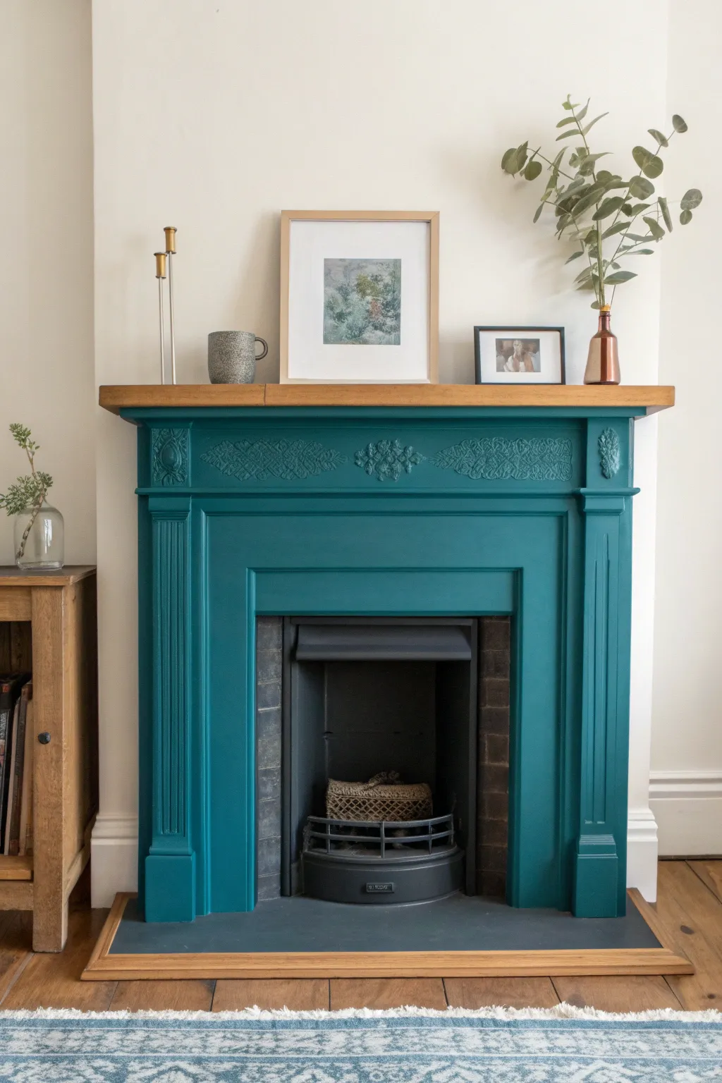 Deep teal mantel styling with warm wood and fresh greenery for a cozy bold focal point.