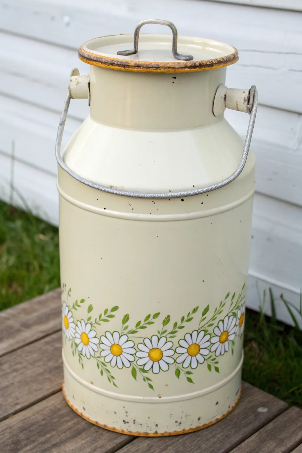 Pale milk can with a daisy border and soft distressing for calm minimalist boho charm