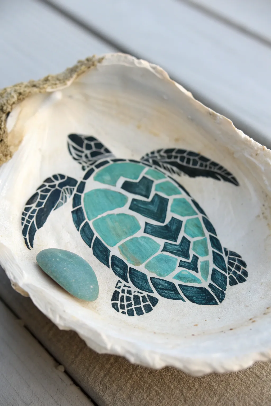 Minimalist oyster shell with a bold sea turtle motif, perfect for coastal boho decor.