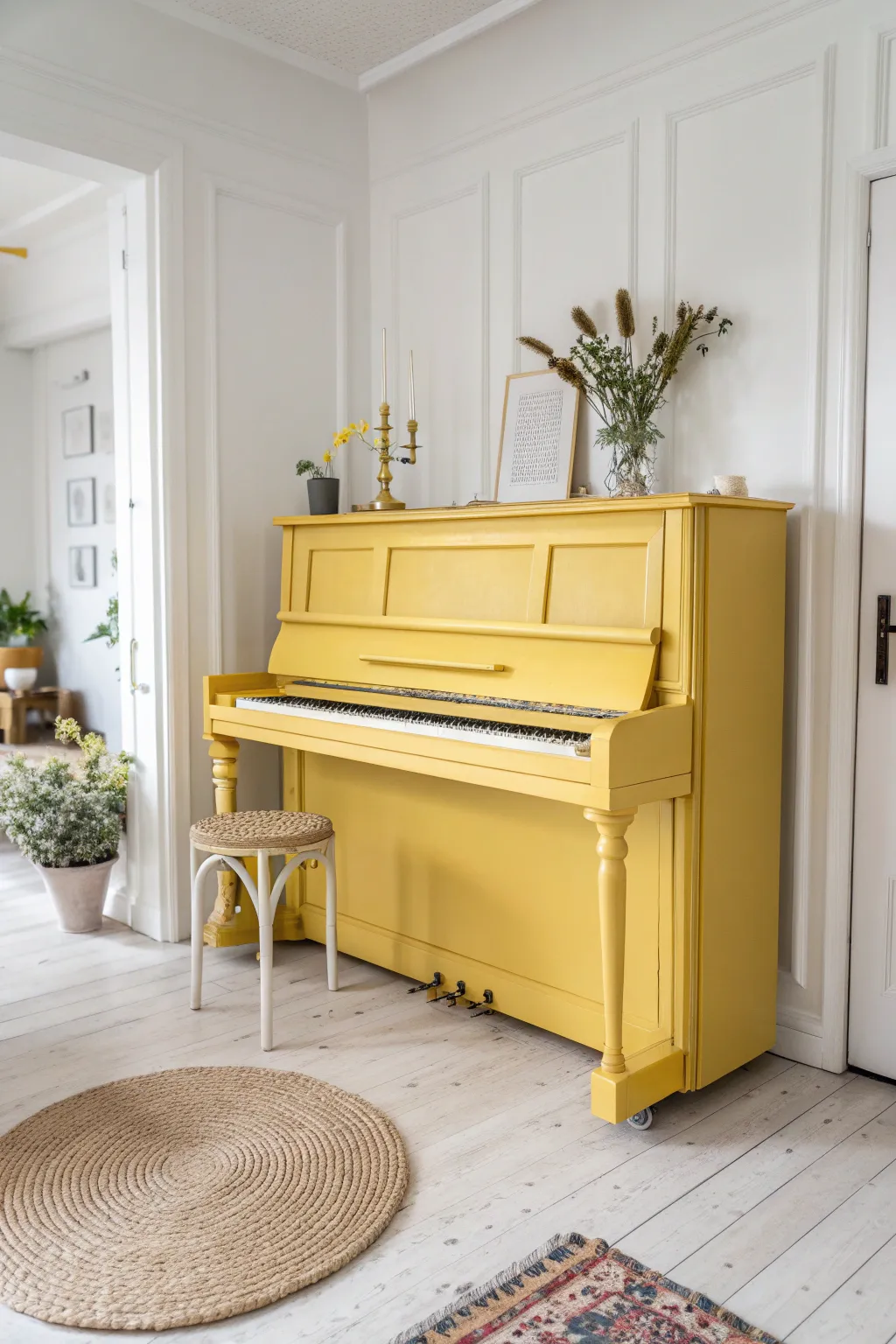 Sunny yellow piano brings instant cheer, styled simply with blooms and playful art.