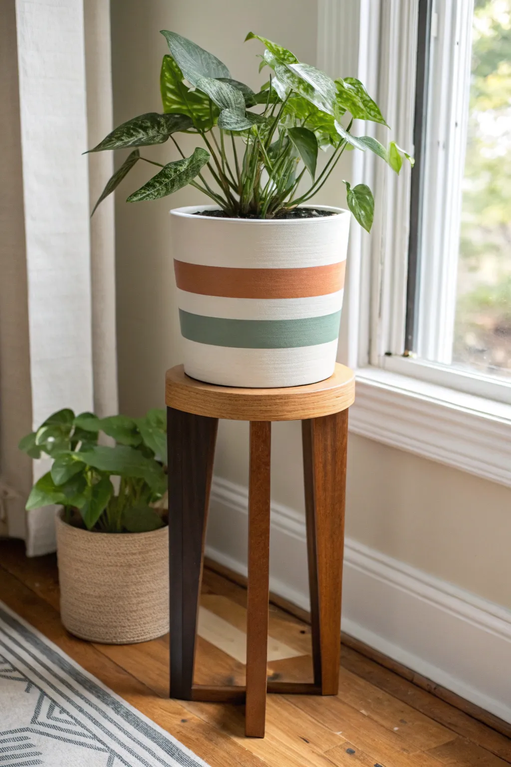 Color-blocked bands + crisp tape edges transform a simple round plant stand into modern boho decor