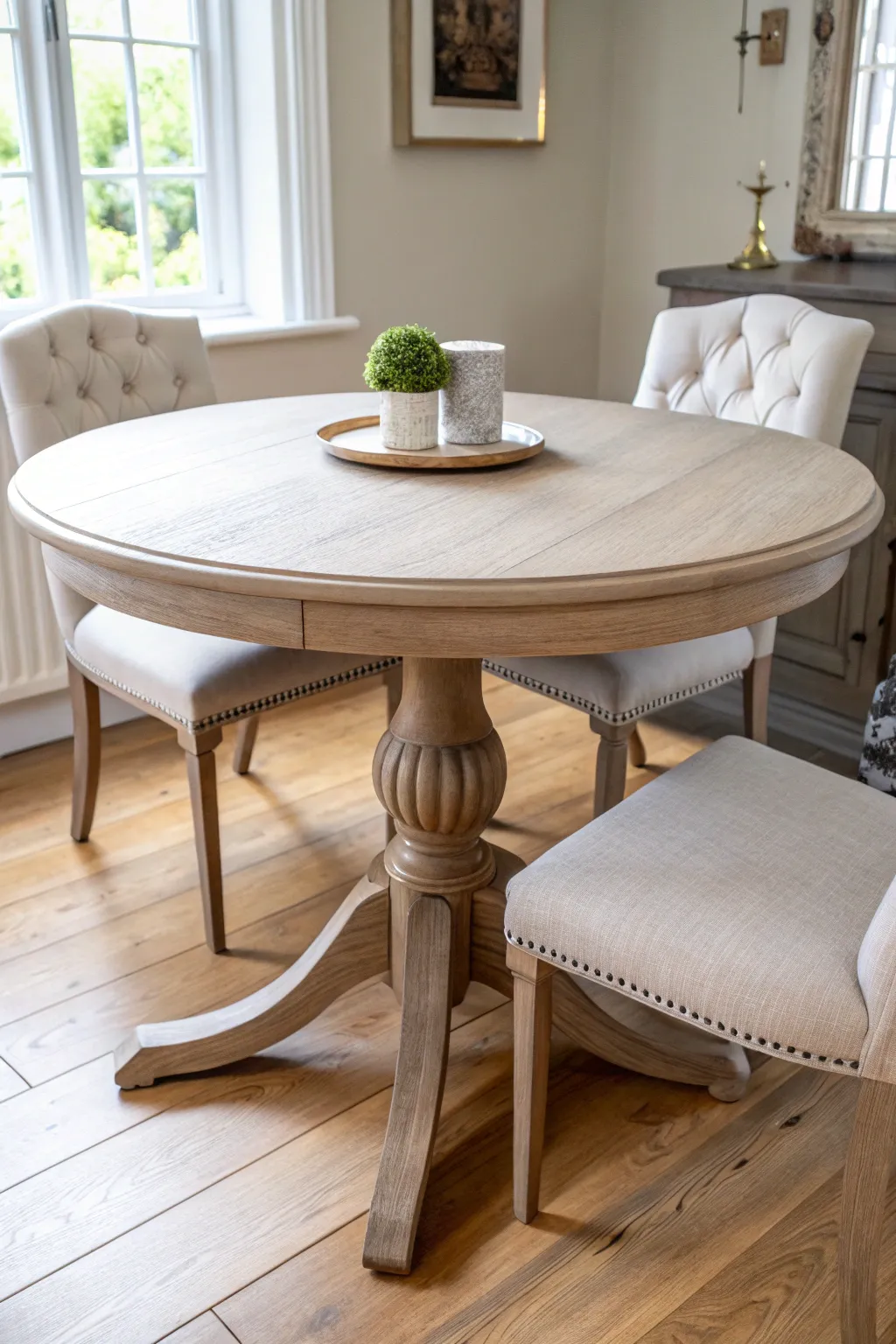 Warm greige round table with visible brushwork and a calm Scandinavian boho nook vibe.