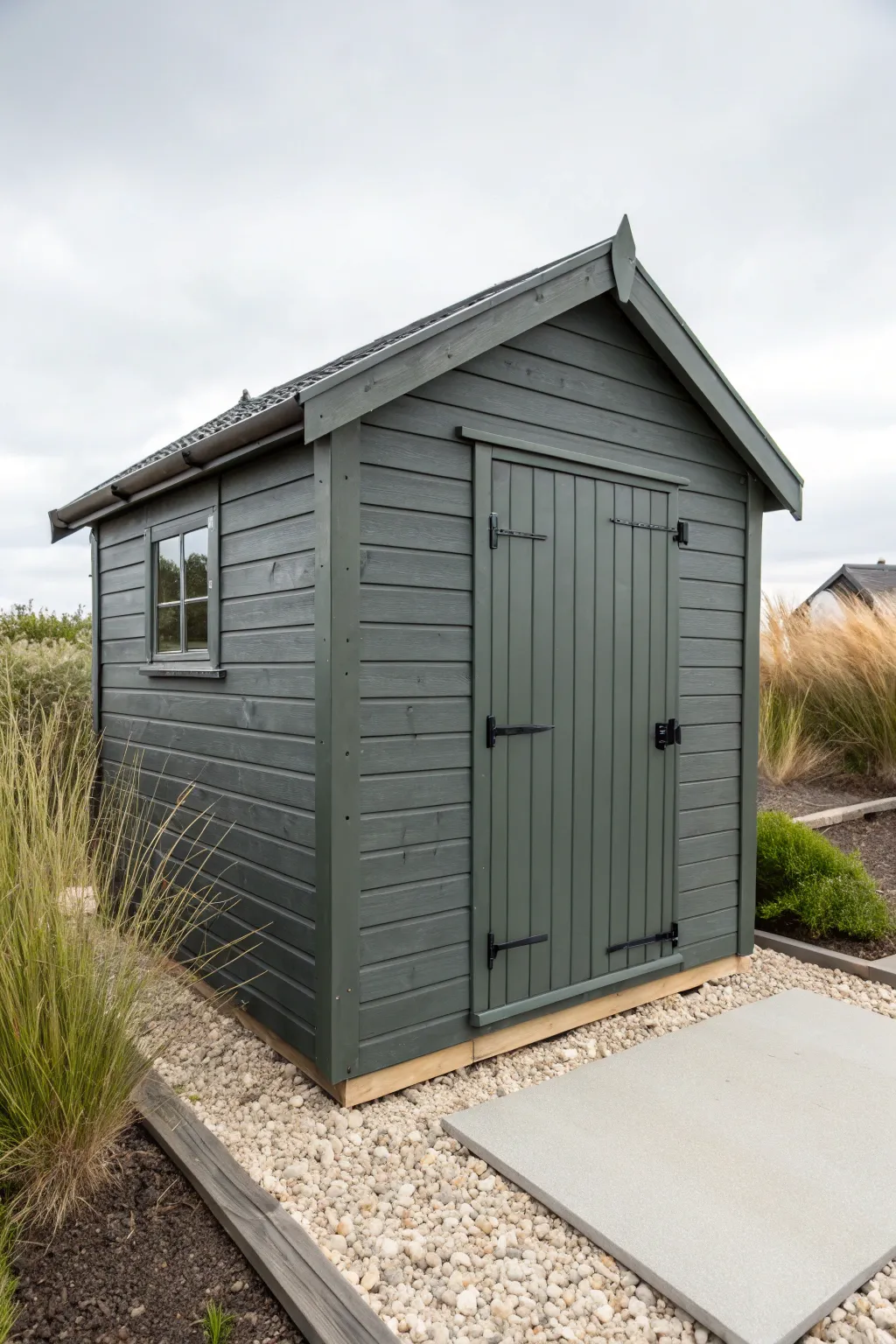 Charcoal shed with a muted sage accent door and minimal landscaping for a bold, calm look.