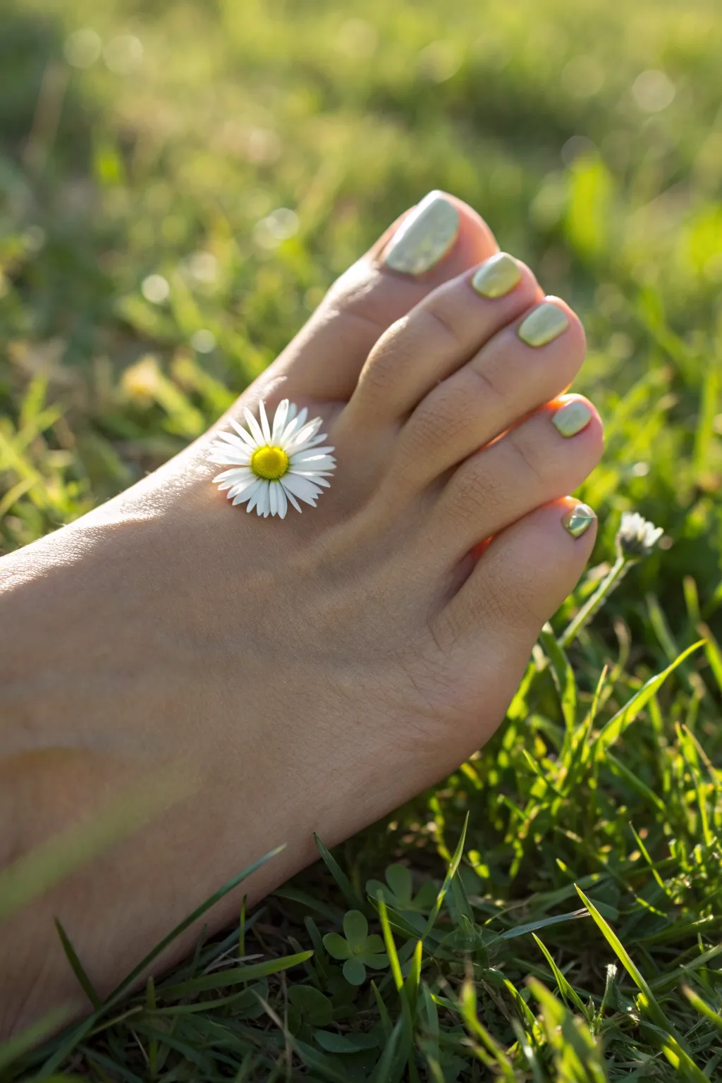 Tiny daisy cluster on the big toe with matching sage toes, crisp and sunlit on grass.