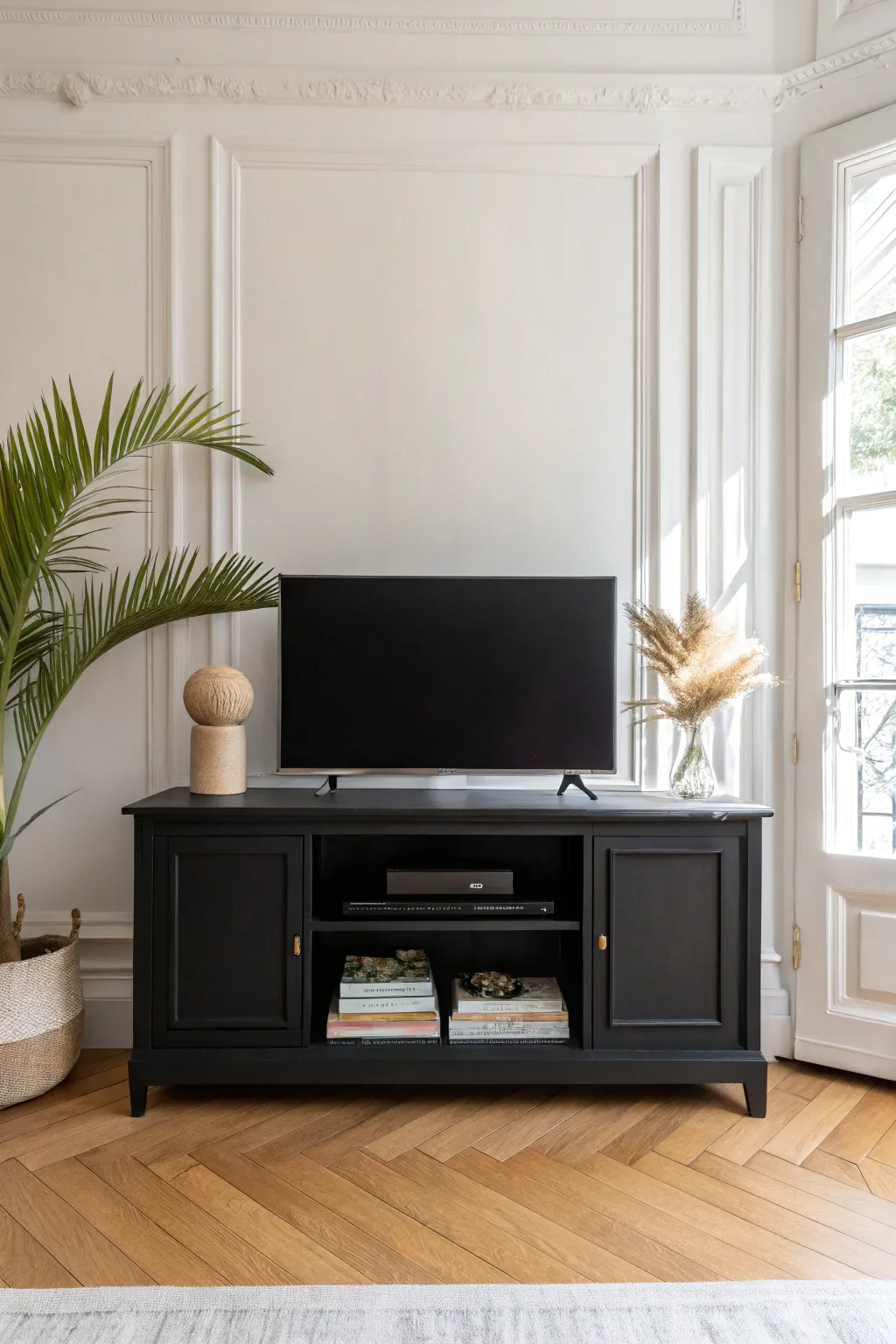 Matte black TV stand idea: sleek minimal finish against light walls with a sculptural vase and books.