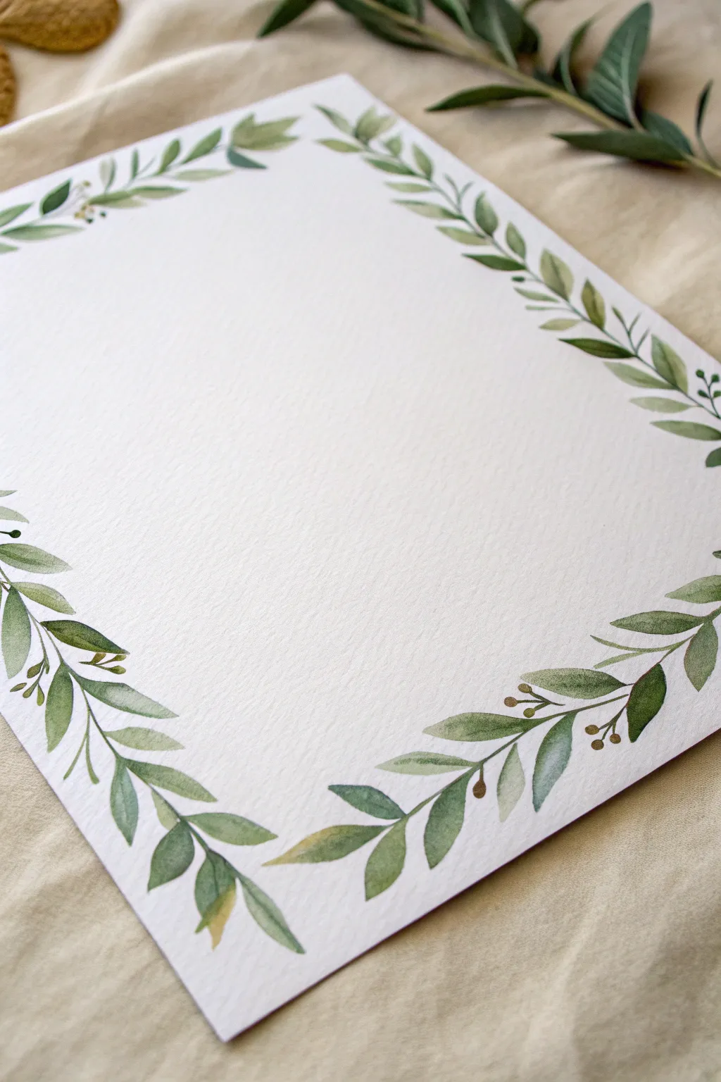 Leafy garland border idea: two-tone greens on clean white paper, minimal and feminine.