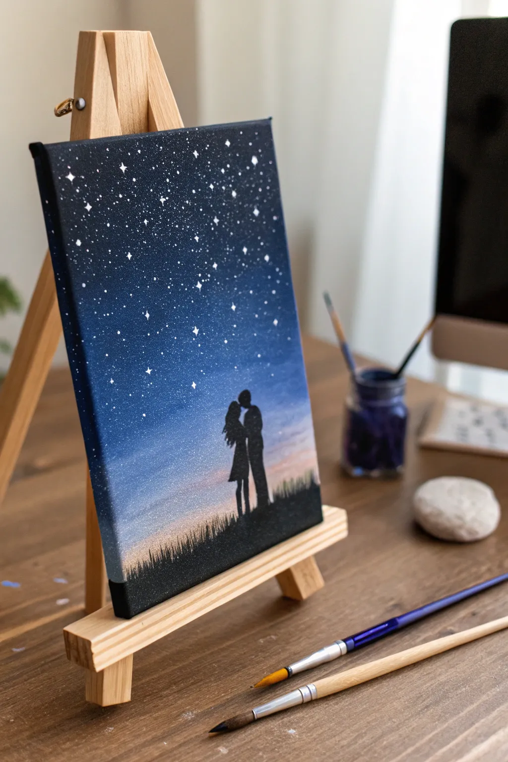 Paint a simple couple silhouette under a starry night sky, then dot in stars together