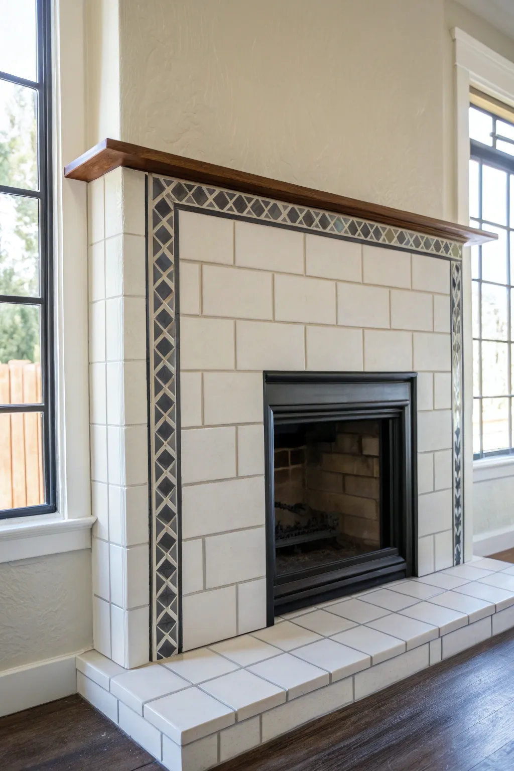 Two-tone painted fireplace tiles with a crisp framed border and clean tape-sharp edges