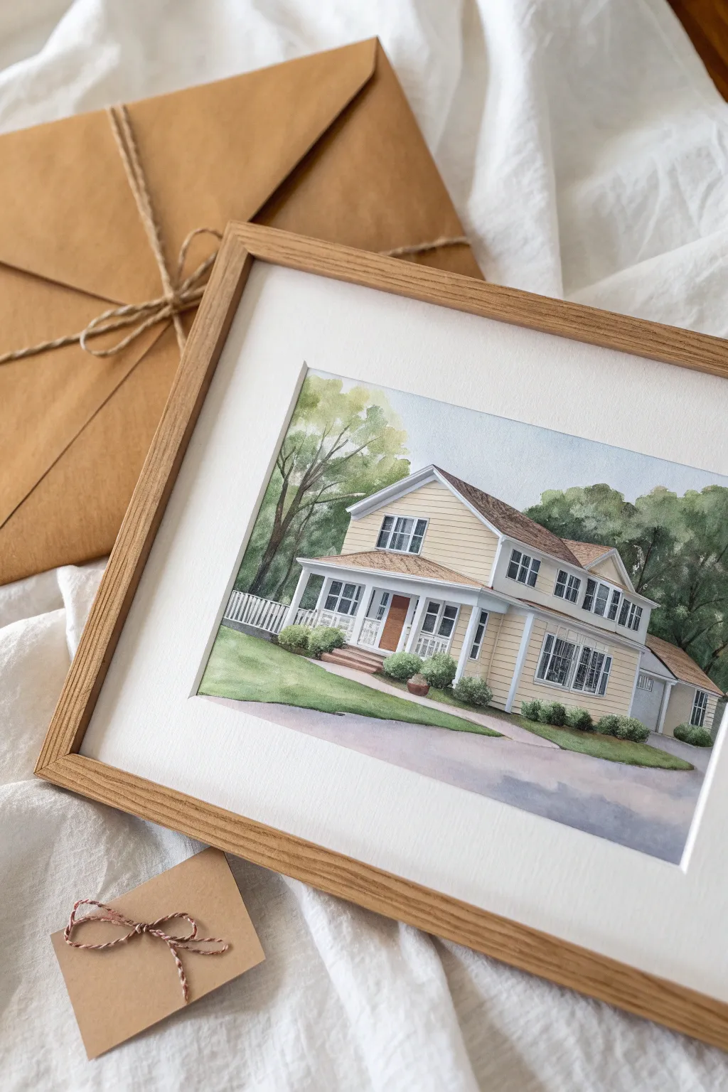 A minimalist framed painted house portrait, a heartfelt new home gift with cozy handmade charm
